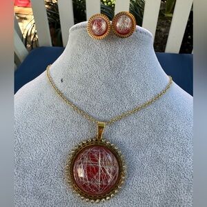 New Stainless Steel Elegant Gold and Red Pendant Necklace and Earring Set